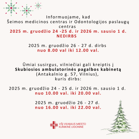 užrašai darbo laikas šventiniu laikotarpiu, nupiešta eglė, snaigės