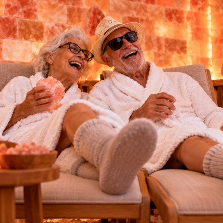 pagyvenę vyras ir oterys guli ant gultų druskos kambaryje ir juokiasi